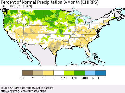 United States Percent of Normal Precipitation 3-Month (CHIRPS) Thematic Map For 7/6/2019 - 10/5/2019