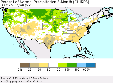 United States Percent of Normal Precipitation 3-Month (CHIRPS) Thematic Map For 7/11/2019 - 10/10/2019