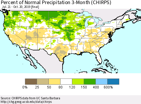 United States Percent of Normal Precipitation 3-Month (CHIRPS) Thematic Map For 7/21/2019 - 10/20/2019