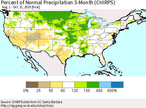 United States Percent of Normal Precipitation 3-Month (CHIRPS) Thematic Map For 8/1/2019 - 10/31/2019