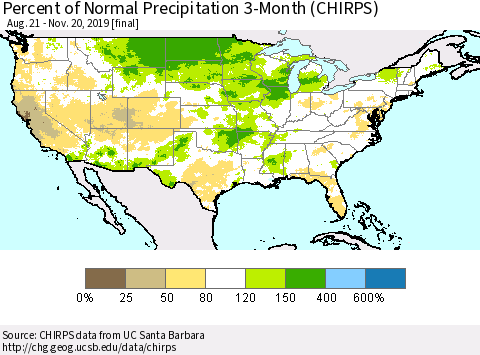 United States Percent of Normal Precipitation 3-Month (CHIRPS) Thematic Map For 8/21/2019 - 11/20/2019
