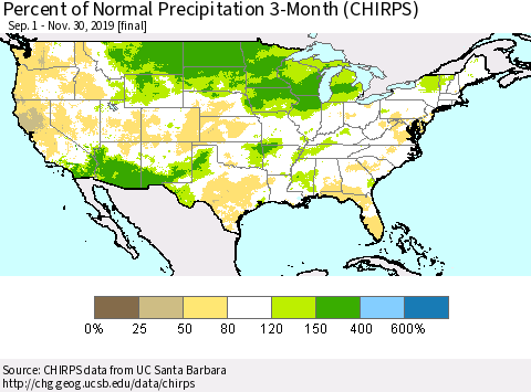 United States Percent of Normal Precipitation 3-Month (CHIRPS) Thematic Map For 9/1/2019 - 11/30/2019