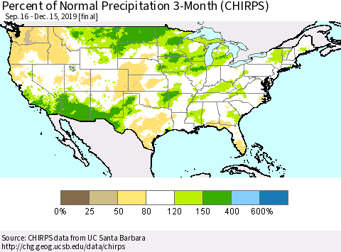 United States Percent of Normal Precipitation 3-Month (CHIRPS) Thematic Map For 9/16/2019 - 12/15/2019