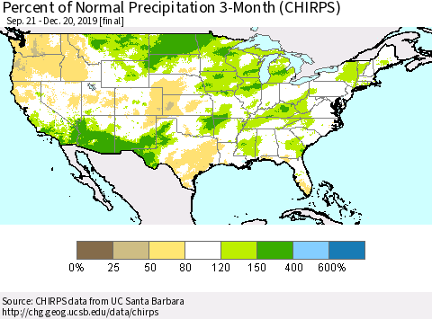 United States Percent of Normal Precipitation 3-Month (CHIRPS) Thematic Map For 9/21/2019 - 12/20/2019