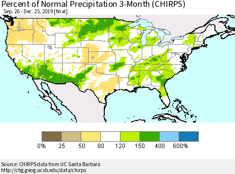 United States Percent of Normal Precipitation 3-Month (CHIRPS) Thematic Map For 9/26/2019 - 12/25/2019