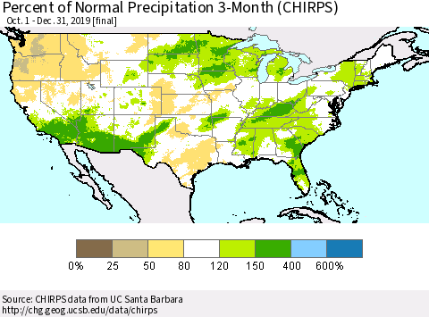 United States Percent of Normal Precipitation 3-Month (CHIRPS) Thematic Map For 10/1/2019 - 12/31/2019