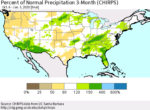 United States Percent of Normal Precipitation 3-Month (CHIRPS) Thematic Map For 10/6/2019 - 1/5/2020