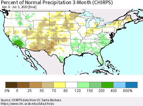 United States Percent of Normal Precipitation 3-Month (CHIRPS) Thematic Map For 4/6/2020 - 7/5/2020