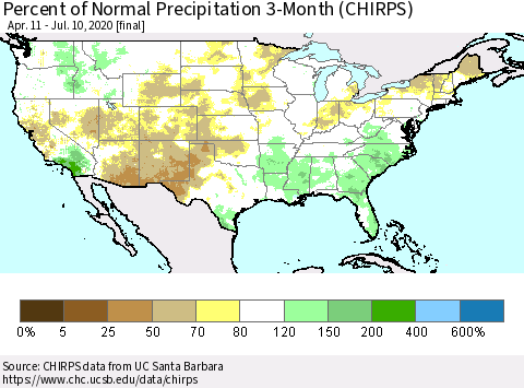 United States Percent of Normal Precipitation 3-Month (CHIRPS) Thematic Map For 4/11/2020 - 7/10/2020