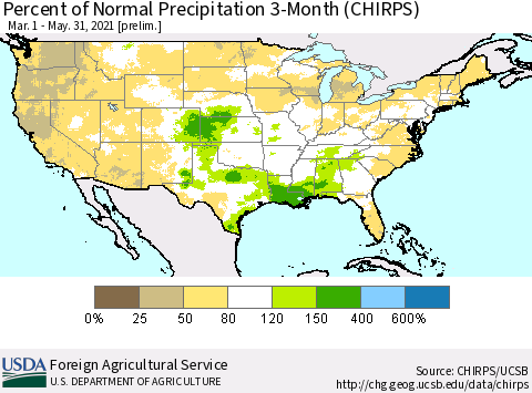 United States Percent of Normal Precipitation 3-Month (CHIRPS) Thematic Map For 3/1/2021 - 5/31/2021