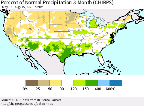 United States Percent of Normal Precipitation 3-Month (CHIRPS) Thematic Map For 5/16/2021 - 8/15/2021