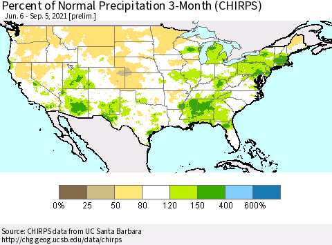 United States Percent of Normal Precipitation 3-Month (CHIRPS) Thematic Map For 6/6/2021 - 9/5/2021