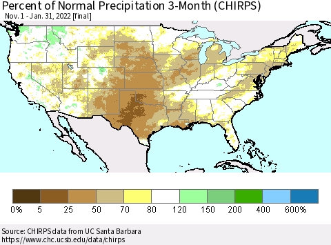 United States Percent of Normal Precipitation 3-Month (CHIRPS) Thematic Map For 11/1/2021 - 1/31/2022