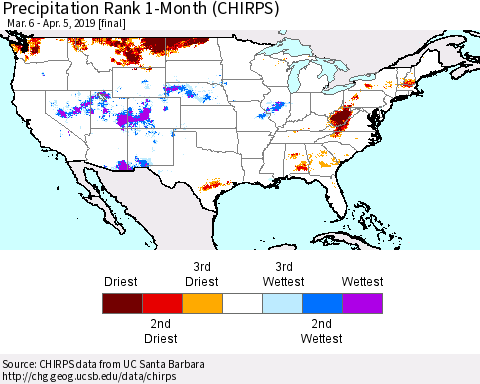 United States Precipitation Rank since 1981, 1-Month (CHIRPS) Thematic Map For 3/6/2019 - 4/5/2019