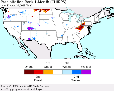 United States Precipitation Rank 1-Month (CHIRPS) Thematic Map For 3/11/2019 - 4/10/2019