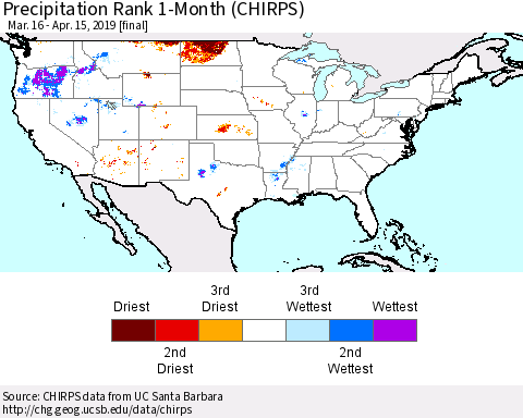 United States Precipitation Rank since 1981, 1-Month (CHIRPS) Thematic Map For 3/16/2019 - 4/15/2019