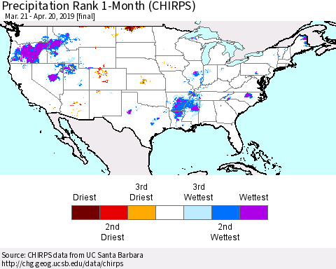 United States Precipitation Rank since 1981, 1-Month (CHIRPS) Thematic Map For 3/21/2019 - 4/20/2019
