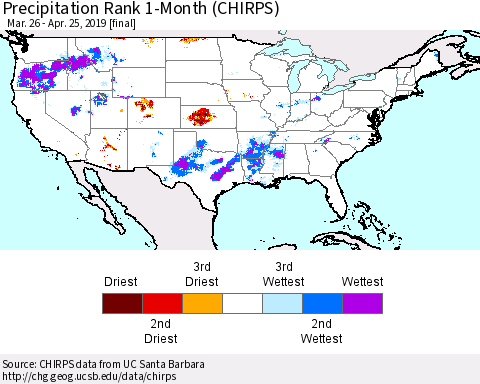 United States Precipitation Rank 1-Month (CHIRPS) Thematic Map For 3/26/2019 - 4/25/2019