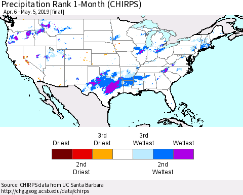 United States Precipitation Rank 1-Month (CHIRPS) Thematic Map For 4/6/2019 - 5/5/2019