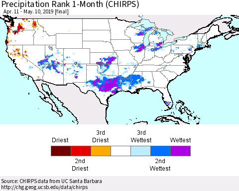 United States Precipitation Rank 1-Month (CHIRPS) Thematic Map For 4/11/2019 - 5/10/2019