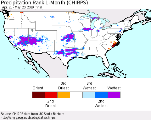 United States Precipitation Rank 1-Month (CHIRPS) Thematic Map For 4/21/2019 - 5/20/2019