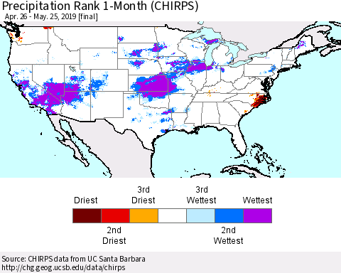 United States Precipitation Rank 1-Month (CHIRPS) Thematic Map For 4/26/2019 - 5/25/2019