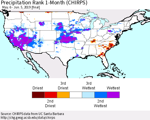 United States Precipitation Rank 1-Month (CHIRPS) Thematic Map For 5/6/2019 - 6/5/2019