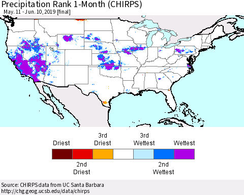 United States Precipitation Rank 1-Month (CHIRPS) Thematic Map For 5/11/2019 - 6/10/2019