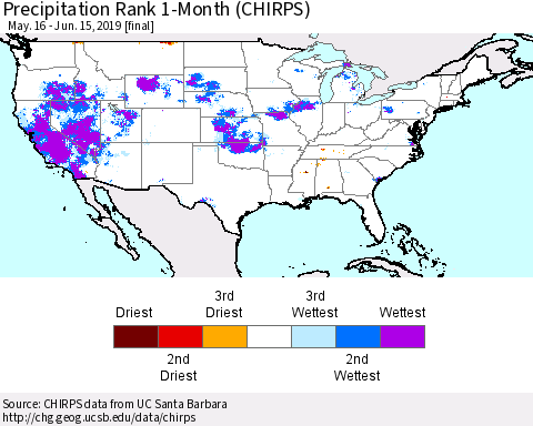 United States Precipitation Rank 1-Month (CHIRPS) Thematic Map For 5/16/2019 - 6/15/2019