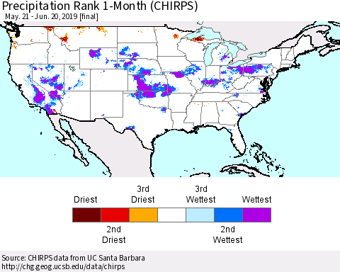 United States Precipitation Rank 1-Month (CHIRPS) Thematic Map For 5/21/2019 - 6/20/2019