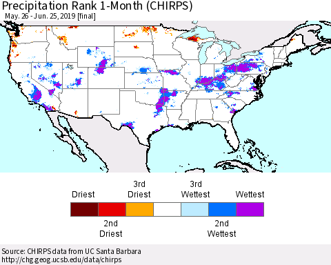 United States Precipitation Rank 1-Month (CHIRPS) Thematic Map For 5/26/2019 - 6/25/2019