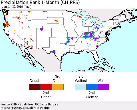United States Precipitation Rank 1-Month (CHIRPS) Thematic Map For 6/1/2019 - 6/30/2019