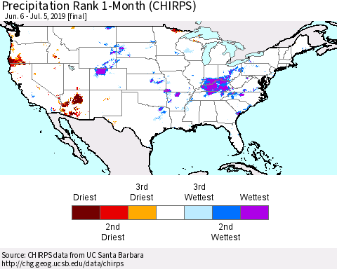 United States Precipitation Rank 1-Month (CHIRPS) Thematic Map For 6/6/2019 - 7/5/2019