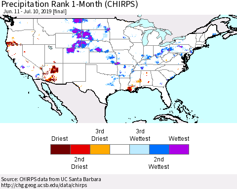 United States Precipitation Rank 1-Month (CHIRPS) Thematic Map For 6/11/2019 - 7/10/2019