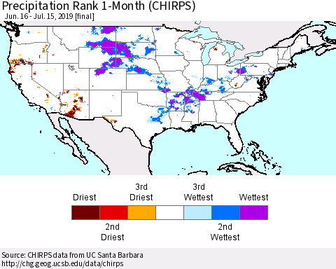 United States Precipitation Rank since 1981, 1-Month (CHIRPS) Thematic Map For 6/16/2019 - 7/15/2019