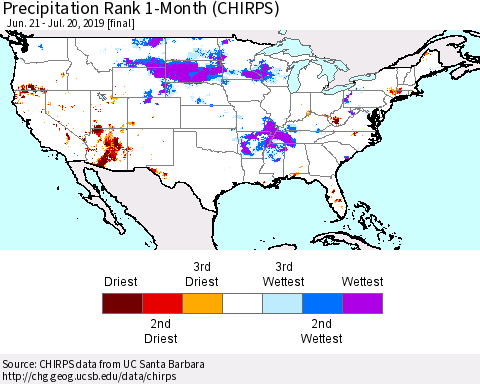 United States Precipitation Rank 1-Month (CHIRPS) Thematic Map For 6/21/2019 - 7/20/2019