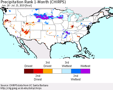 United States Precipitation Rank 1-Month (CHIRPS) Thematic Map For 6/26/2019 - 7/25/2019