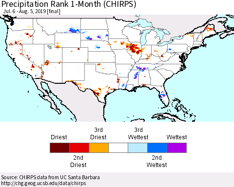 United States Precipitation Rank since 1981, 1-Month (CHIRPS) Thematic Map For 7/6/2019 - 8/5/2019