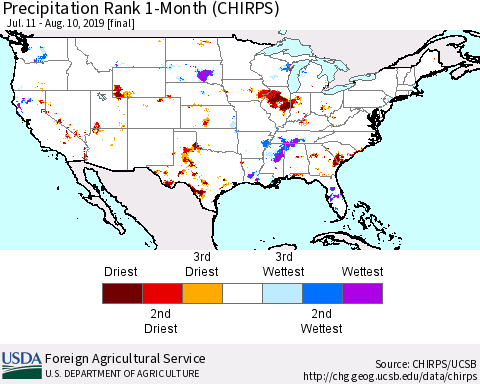 United States Precipitation Rank since 1981, 1-Month (CHIRPS) Thematic Map For 7/11/2019 - 8/10/2019