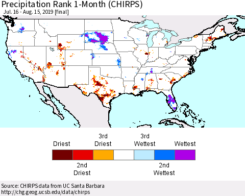 United States Precipitation Rank 1-Month (CHIRPS) Thematic Map For 7/16/2019 - 8/15/2019