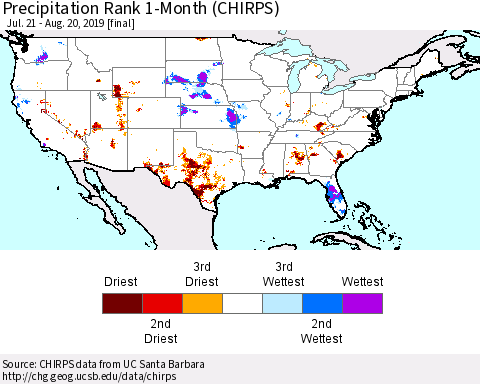 United States Precipitation Rank 1-Month (CHIRPS) Thematic Map For 7/21/2019 - 8/20/2019