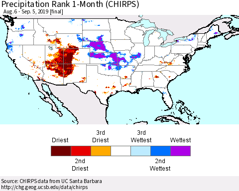 United States Precipitation Rank since 1981, 1-Month (CHIRPS) Thematic Map For 8/6/2019 - 9/5/2019