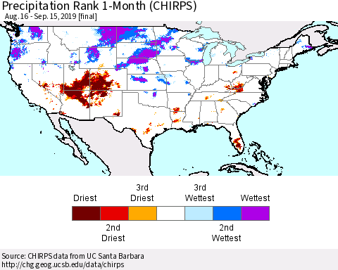 United States Precipitation Rank 1-Month (CHIRPS) Thematic Map For 8/16/2019 - 9/15/2019