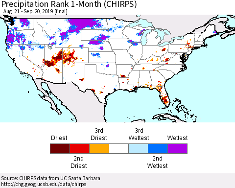 United States Precipitation Rank 1-Month (CHIRPS) Thematic Map For 8/21/2019 - 9/20/2019