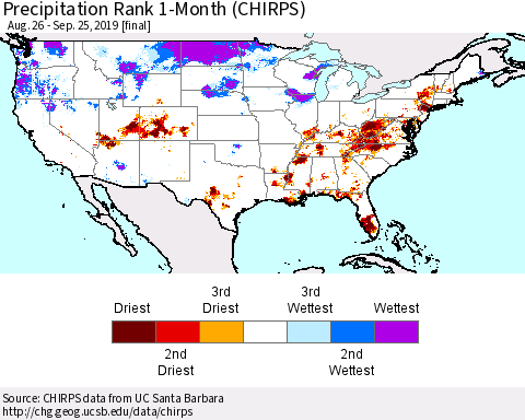 United States Precipitation Rank since 1981, 1-Month (CHIRPS) Thematic Map For 8/26/2019 - 9/25/2019