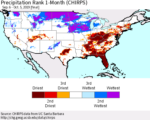 United States Precipitation Rank 1-Month (CHIRPS) Thematic Map For 9/6/2019 - 10/5/2019
