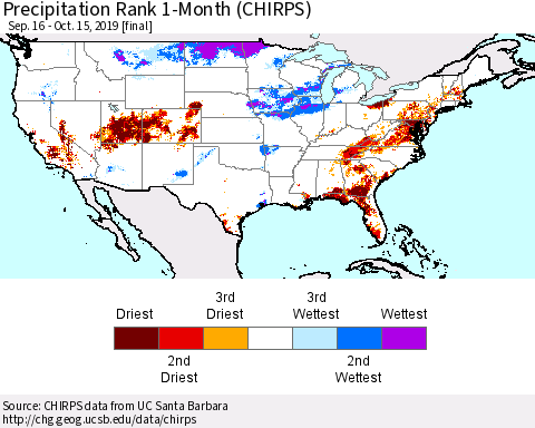 United States Precipitation Rank 1-Month (CHIRPS) Thematic Map For 9/16/2019 - 10/15/2019