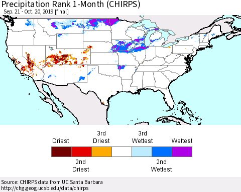 United States Precipitation Rank since 1981, 1-Month (CHIRPS) Thematic Map For 9/21/2019 - 10/20/2019