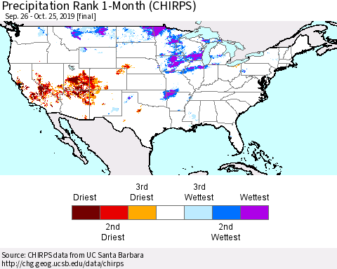 United States Precipitation Rank 1-Month (CHIRPS) Thematic Map For 9/26/2019 - 10/25/2019
