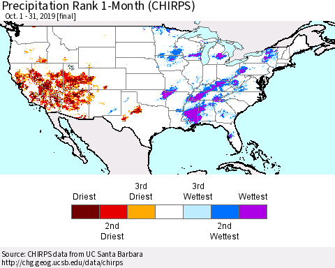 United States Precipitation Rank 1-Month (CHIRPS) Thematic Map For 10/1/2019 - 10/31/2019